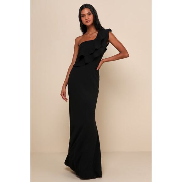 Lulus NWT Grand Beauty Black Ruffled One-Shoulder Mermaid Maxi Dress Medium - Picture 1 of 10
